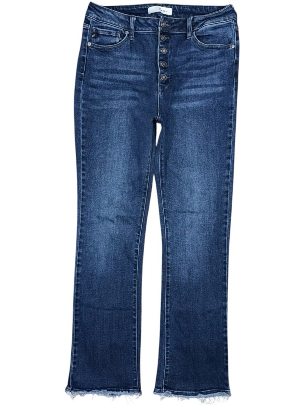 KanCan Rainn Ultra High Rise Flare Jeans Dark Blue Wash Womens 15 / 31 Raw Hem